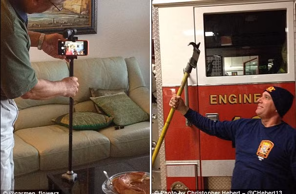 Cư dân mạng chế gậy tự sướng từ mọi vật dụng bao gồm cả gậy ba toong (trái) và rìu của lính cứu hỏa.