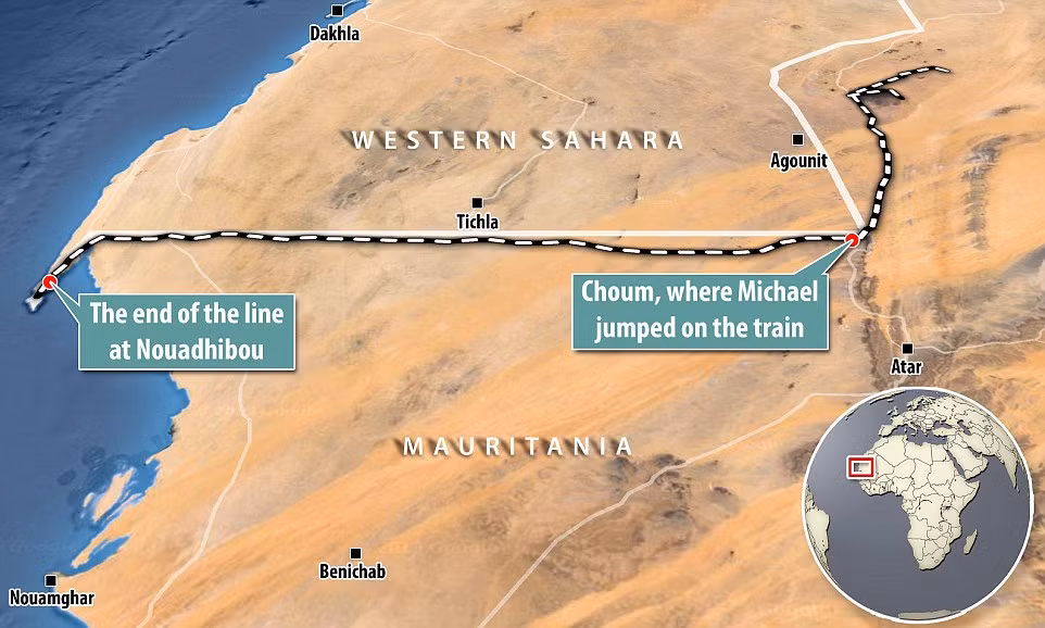 Hành trình của đoàn tàu Mauritania Railway xuất phát từ mỏ sắt Zouerate tới cảng Nouadhibou, Mauritania.