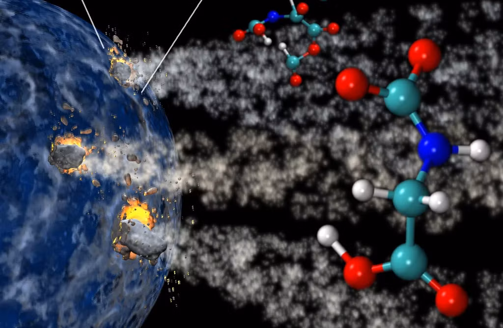 Khoảng 4.28 tỷ năm trước, các phân tử hữu cơ đơn giản bắt đầu hình thành từ các phản ứng hóa học trong nước. Những phân tử này dần dần kết hợp với nhau, tạo ra các hợp chất phức tạp hơn như amino acid và nucleotide, là nền tảng của sự sống. Các hợp chất hữu cơ phức tạp tiếp tục kết hợp và tạo ra các cấu trúc giống như tế bào.(Ảnh: Astronomy Magazine)