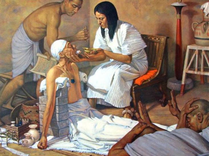 Một trong những điểm nổi bật của y học Ai Cập cổ đại là việc sử dụng các phương pháp điều trị độc đáo. Chẳng hạn, để gây mê, các thầy thuốc đã đưa bệnh nhân vào trạng thái nhập đồng bằng cách đọc kinh cầu nguyện và cho họ uống dung dịch thuốc ngủ chế biến từ thảo mộc chứa chất ma túy. (Ảnh:Trowbridge Gallery)