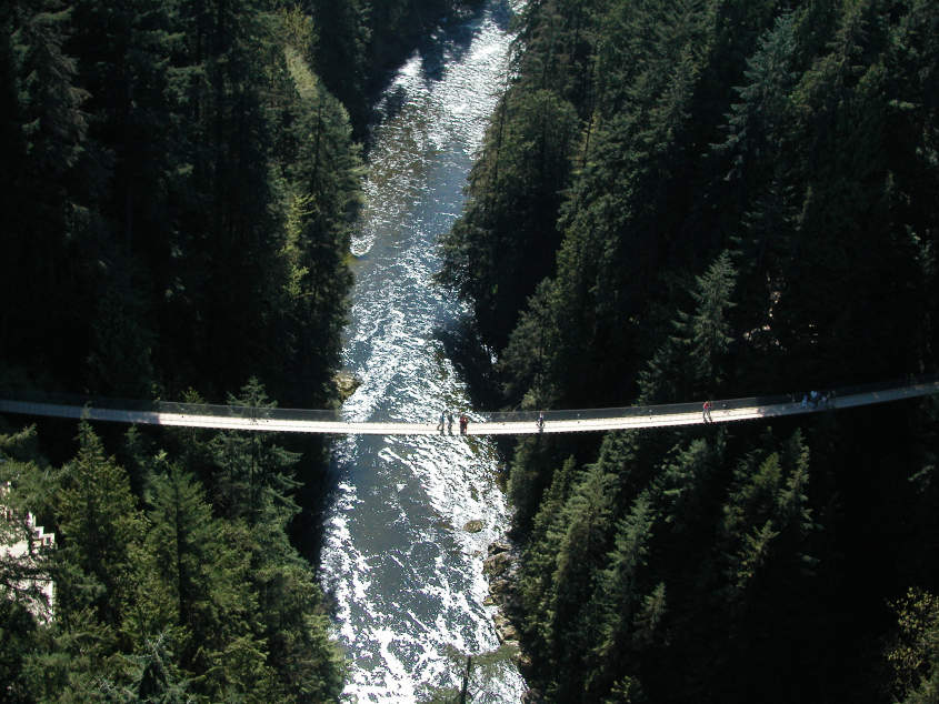 5. Cầu treo Capilano, Canada: Nằm ở Vancouver, Canada, cầu treo Capilano dài 137m và cao 70m so với dòng sông Capilano. Cây cầu này nổi tiếng với sự rung lắc mạnh khi có nhiều người đi qua. (Ảnh: Destination Vancouver)