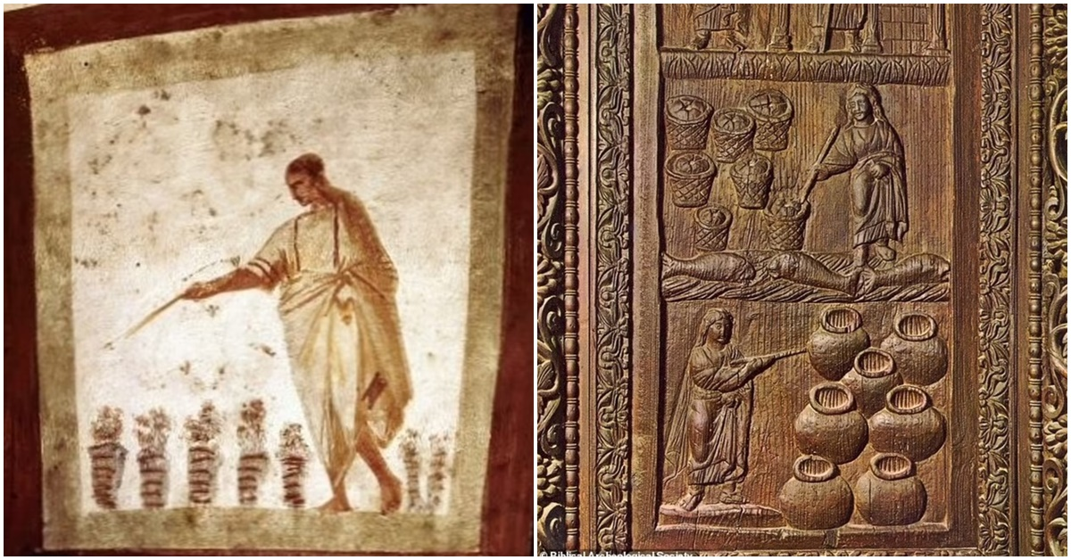 Một số nhà khảo cổ học cho rằng những bức tranh này cho thấy Chúa Jesus có thể đã sử dụng phép thuật. Những hình ảnh này bao gồm cảnh Chúa biến bánh mì thành nhiều hơn và khiến Lazarus sống lại.Tuy nhiên, một số nhà nghiên cứu tin rằng đó có thể là cây gậy, biểu tượng của sự kết nối với nhà tiên tri Moses. (Ảnh: Sở hữu trí tuệ)