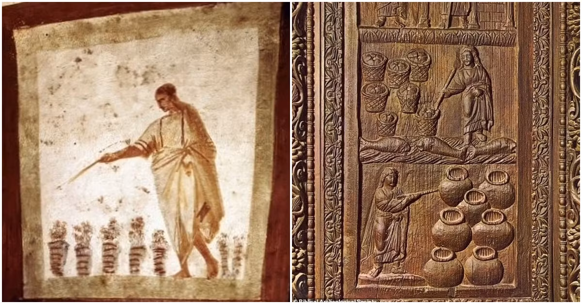 Một số nhà khảo cổ học cho rằng những bức tranh này cho thấy Chúa Jesus có thể đã sử dụng phép thuật. Những hình ảnh này bao gồm cảnh Chúa biến bánh mì thành nhiều hơn và khiến Lazarus sống lại.Tuy nhiên, một số nhà nghiên cứu tin rằng đó có thể là cây gậy, biểu tượng của sự kết nối với nhà tiên tri Moses. (Ảnh: Sở hữu trí tuệ)