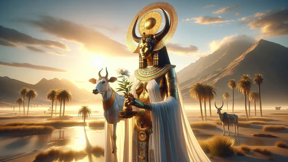 8. Hathor: Hathor là nữ thần của tình yêu, niềm vui, và âm nhạc, được miêu tả với hình dáng của một người phụ nữ mang đôi sừng bò và đĩa mặt trời. Bà được tôn thờ như một vị thần bảo hộ phụ nữ, trẻ em, và niềm hạnh phúc gia đình.