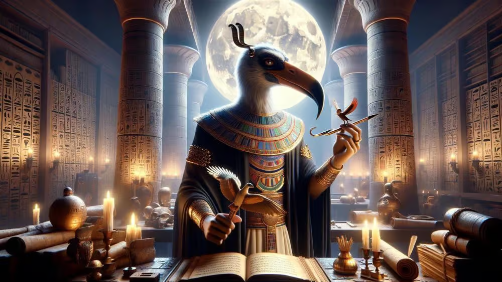 6. Thoth: Thoth là thần của trí tuệ, học thức, và viết lách, thường được mô tả với đầu của một con cò quăm. Ông là người ghi chép các sự kiện và giữ gìn tri thức, cũng như đóng vai trò quan trọng trong các nghi lễ và quá trình phán xét linh hồn người chết.