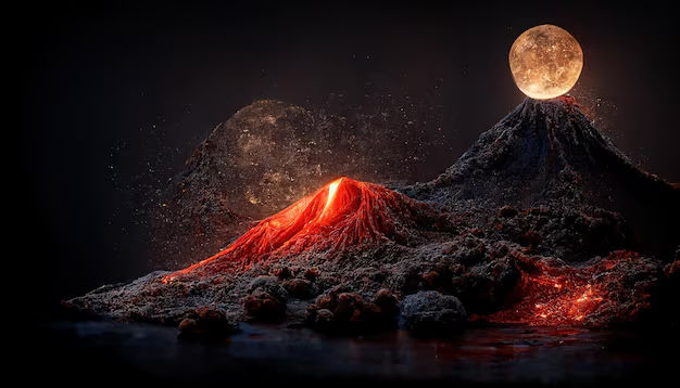 Dung nham phun trào từ các núi lửa đã tạo nên những mạch núi lớn và các bồn địa rộng lớn trên bề mặt mặt trăng.