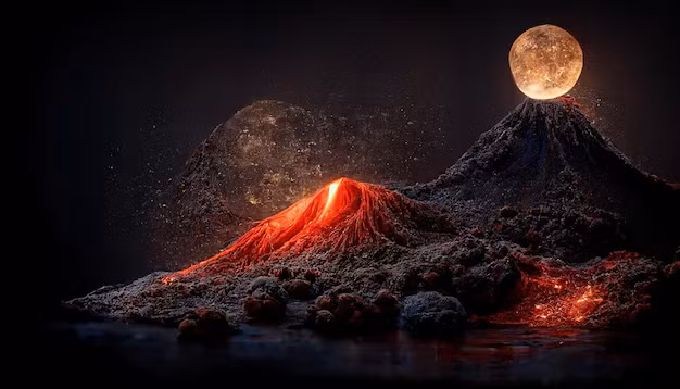 Dung nham phun trào từ các núi lửa đã tạo nên những mạch núi lớn và các bồn địa rộng lớn trên bề mặt mặt trăng.