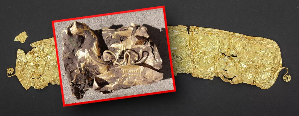 Tấm vàng dài 51 cm, có thể là mặt trước của một chiếc thắt lưng da, được trang trí với các vòng tròn đồng tâm và móc cài ở cuối.