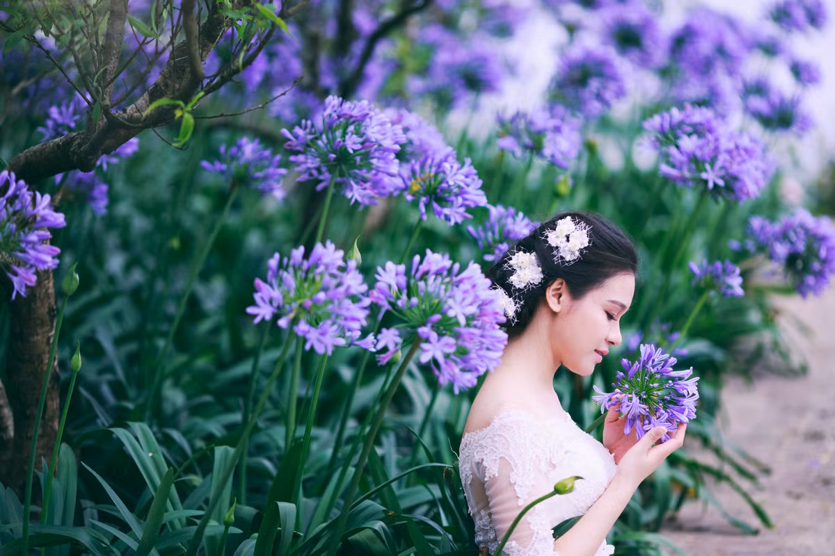 Cô dâu xinh đẹp, nhẹ nhàng, trong chiếc váy trắng tinh khôi nổi bật trên nền sắc hoa tím làm cho bức ảnh cưới lộng lẫy đến lạ kỳ.