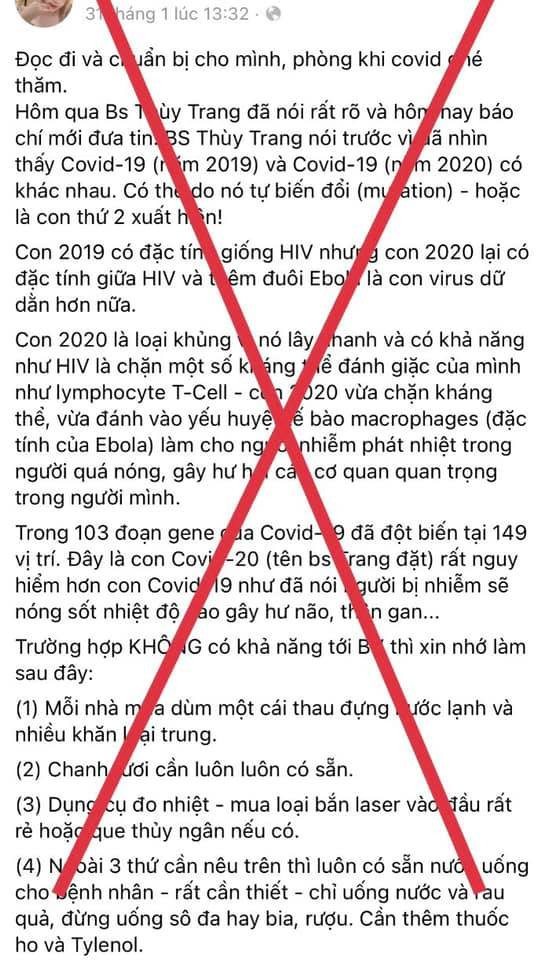  Tung tin điều trị COVID-19 bằng chanh tươi: Chị L.T.H (SN 1992; trú Hà Đông) đã tung tin sai sự thật với nội dung hướng dẫn cách điều trị COVID-19 tại nhà bằng chanh tươi, thuốc ho, tylenol… Ngày 27/2, Công an TP Hà Nội xử phạt chị H. 5 triệu đồng.