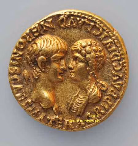 Đồng tiền La Mã in hình Nero và hoàng hậu Julia Agrippina.