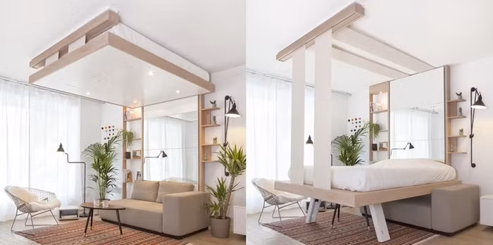 Nhờ có chiếc giường thông minh này, căn phòng khách bỗng chốc trở thành căn phòng ngủ với chiếc giường êm ái. 