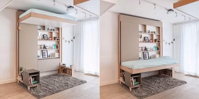 Chiếc giường đơn có thể được đưa lên cao để tạo một không gian thoáng mát cho gia chủ.