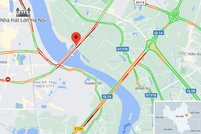 Cầu Vĩnh Tuy nối quận Hai Bà Trưng và quận Long Biên, Hà Nội (chấm đỏ). Ảnh: Google Maps.