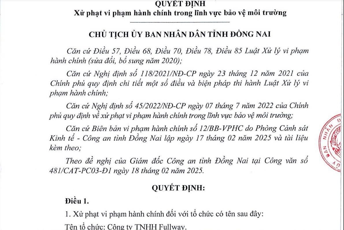 Vi phạm chuyển giao chất thải nguy hại, Cty Fullway bị phạt 810 triệu - Hình 2 Vi pham chuyen giao chat thai nguy hai, Cty Fullway bi phat 810 trieu-Hinh-2