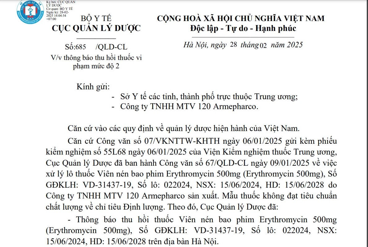 Thu hồi toàn quốc thuốc Viên nén bao phim Erythromycin 500mg Thu hoi toan quoc thuoc Vien nen bao phim Erythromycin 500mg