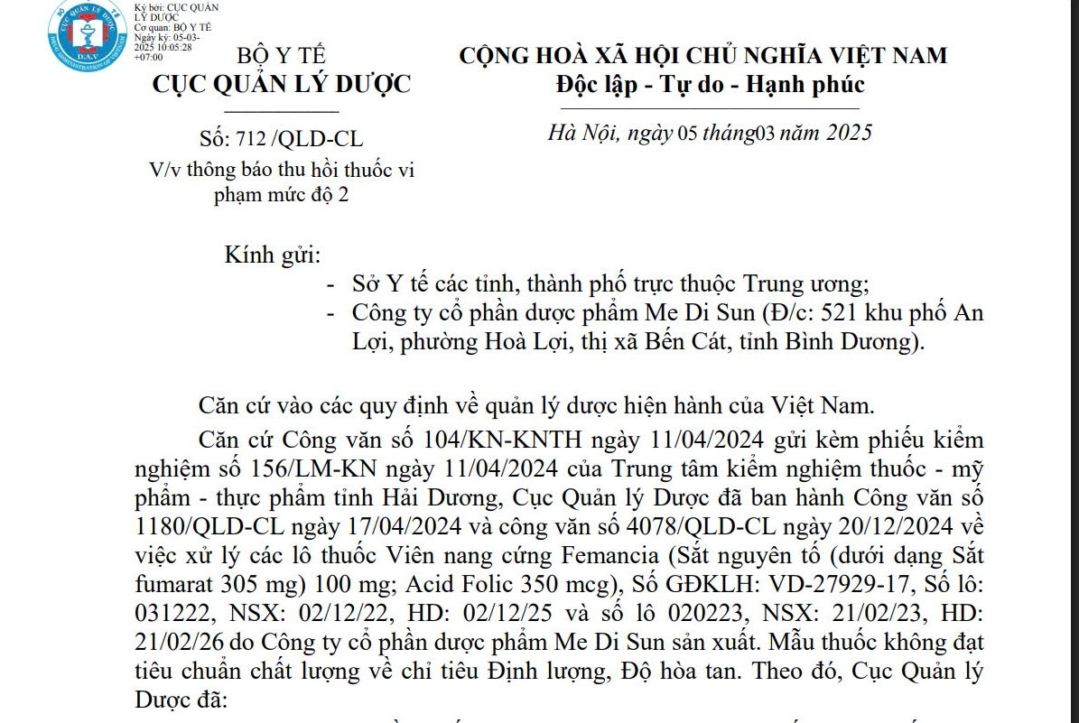 Thu hồi toàn quốc lô thuốc sắt Femancia kém chất lượng - Hình 2 Thu hoi toan quoc lo thuoc sat Femancia kem chat luong-Hinh-2