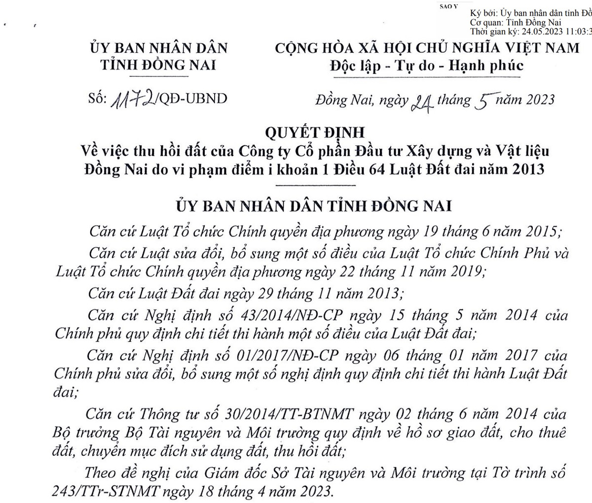 Đồng Nai thu hồi đất dự án không triển khai xây dựng Dong Nai thu hoi dat du an khong trien khai xay dung