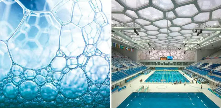 Trung tâm thể thao dưới nước Bắc Kinh, Trung Quốc được xây dựng mô phỏng theo hình dạng liên kết của những bong bóng xà phòng, vừa độc đáo lại vừa có khả năng giúp nhà thi đấu chống chọi được với những trận động đất nhẹ. (Theo Emgn)