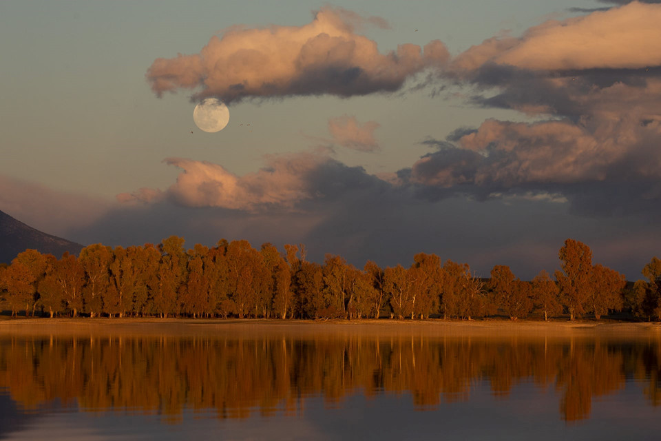 Trăng mọc trên hồ chứa Rosarito gần Oropesa, tỉnh Toledo, Tây Ban Nha. 