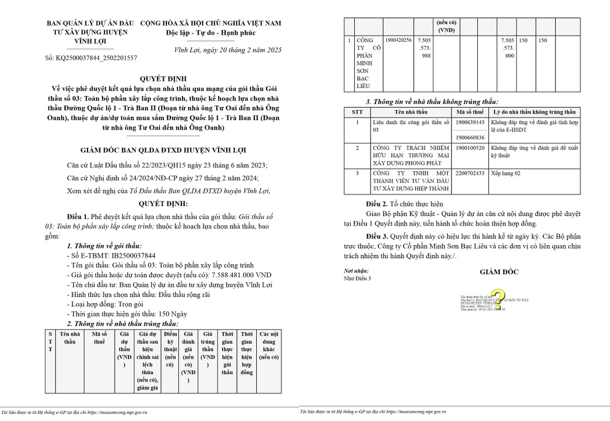 Cty Minh Son Bac Lieu vuot 3 doi thu trung thau lam duong hon 7 ty