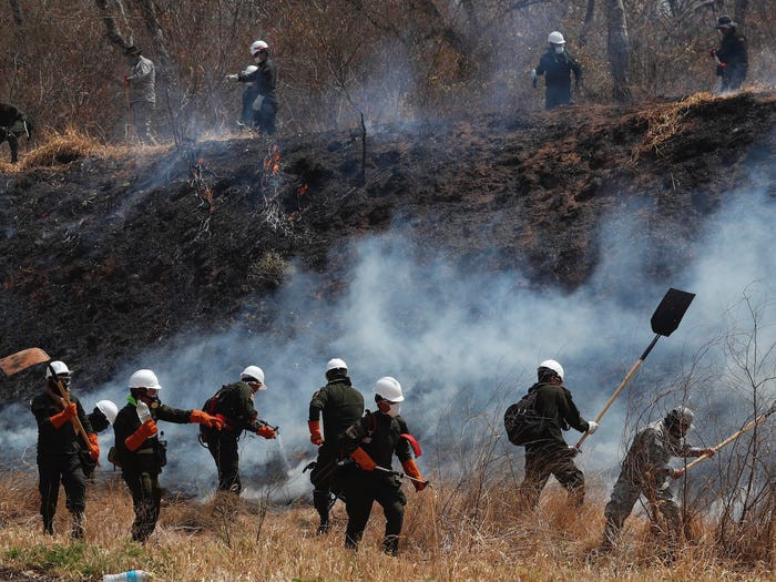 Không chỉ có lực lượng chức năng tham gia chữa cháy, nhiều người lao động từ các ngành nghề khác nhau cũng muốn góp sức mình dù chỉ với những công cụ thô sơ được quyên tặng. (Ảnh: AP)