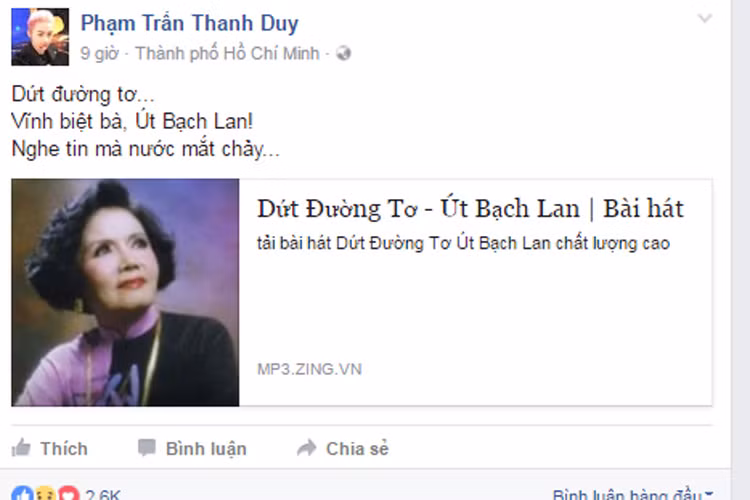 Ca sĩ Thanh Duy bày tỏ niềm đau xót: “Dứt đường tơ. Vĩnh biệt bà, Út Bạch Lan. Nghe tin mà chảy nước mắt”. (Ảnh: chụp màn hình) 