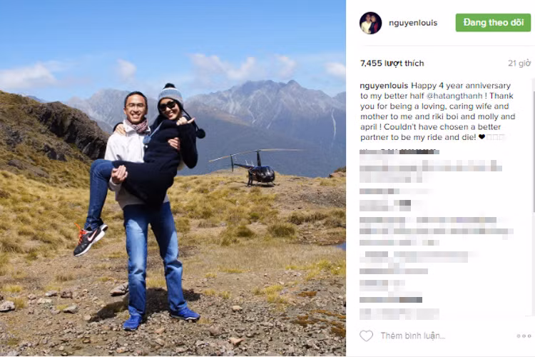 Ông xã Hà Tăng còn viết lời yêu thương dành cho vợ bằng tiếng Anh tạm dịch là “Mừng 4 năm ngày cưới với người bạn đời tuyệt vời của anh. Cám ơn em đã là một người vợ, người mẹ tốt. Anh không thể chọn được ai tốt hơn em để đi với anh đến cuối con đường”. (Ảnh: chụp màn hình) 
