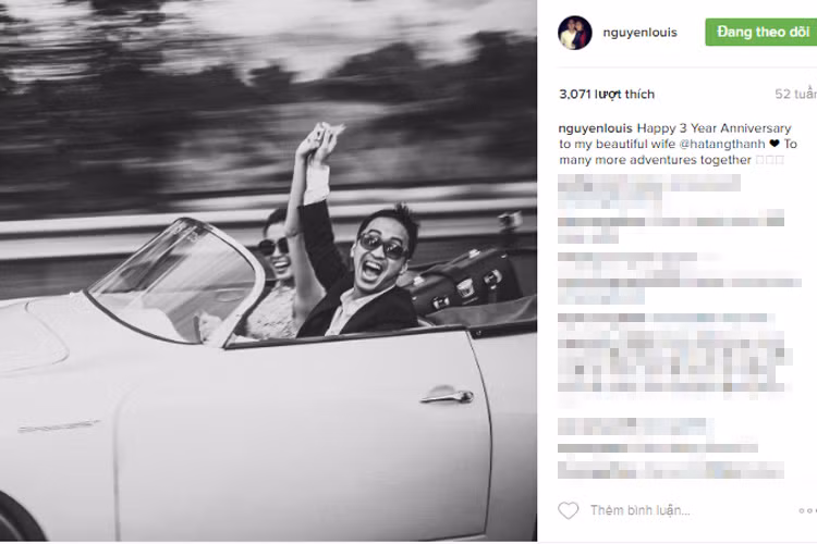 Năm ngoái, nhân kỷ niệm 3 năm ngày cưới, Louis Nguyễn cũng chia sẻ hình ảnh hạnh phúc bên vợ. Anh còn viết rằng Tăng Thanh Hà là người vợ xinh đẹp của mình và muốn cả hai sẽ có nhiều chuyến đi cùng nhau hơn nữa. (Ảnh: chụp màn hình) 