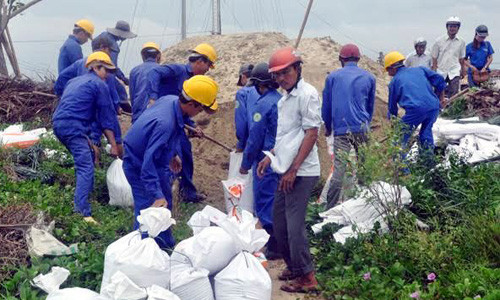 Mỗi mùa mưa bão Hội An huy động nhân lực dùng bao cát chắn sóng.