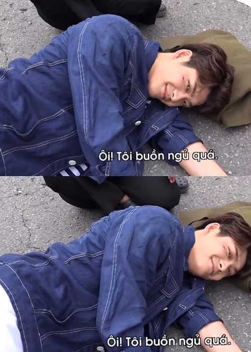 Kang Tae Oh tươi cười khi biết ống kính đang hướng về phía mình ở hậu trường cảnh quay nhân vật Junsu bị tai nạn. (Ảnh: chụp màn hình chương trình Rubic 8)