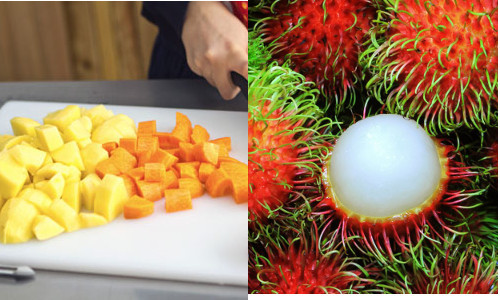 Chôm chôm nhồi thịt là món ngon từ chôm chôm kết hợp nhiều loại rau củ quả nên cực kỳ bổ dưỡng. Để nấu món canh cần chuẩn bị trước khoảng 500ml nước hầm sườn. Chôm chôm cắt bỏ vỏ, hạt, lấy cùi. Nấm rửa sạch, thái miếng vừa ăn. Cà rốt, khoai tây, rửa sạch, bổ miếng vừa. Hành, ngò thái nhỏ. Ảnh: vietq