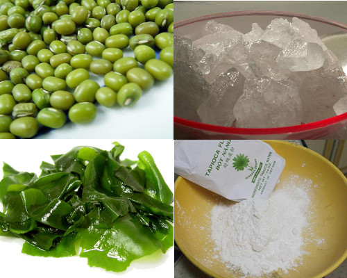Để làm món chè đậu xanh rong biển cần chuẩn bị 200g đậu xanh còn nguyên vỏ, 100g rong biển, 200g đường phèn (có thể thay bằng đường kính trắng), bột năng hoặc bột sắn, vani, muối. Ảnh: doivi