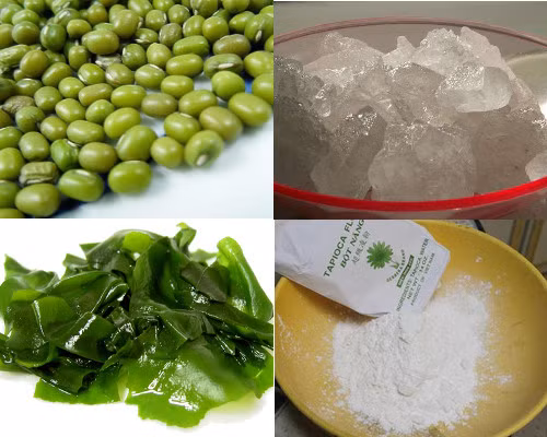 Để làm món chè đậu xanh rong biển cần chuẩn bị 200g đậu xanh còn nguyên vỏ, 100g rong biển, 200g đường phèn (có thể thay bằng đường kính trắng), bột năng hoặc bột sắn, vani, muối. Ảnh: doivi