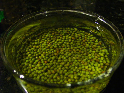 Đậu xanh rửa sạch, vớt bỏ hạt nổi lên mặt nước. Sau đó đem ngâm đậu trong nước khoảng 2-3 giờ cho đậu mềm để nấu nhanh hơn. Nếu không có thời gian, có thể ngâm đậu xanh trong nước ấm khoảng 20 phút. Ảnh: blogspot