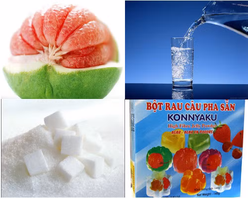  Cách làm thạch bưởi rất đơn giản. Để làm thạch bưởi cần chuẩn bị một quả bưởi, bột rau câu, 30 đường, 15ml nước ép bưởi, 0,5 lít nước lọc. Ảnh: Phunutoday.