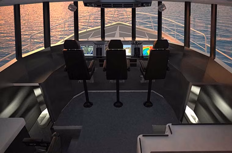 Cận cảnh khu vực lái tàu với các bảng điều khiển là màn hình hiển thị màu.