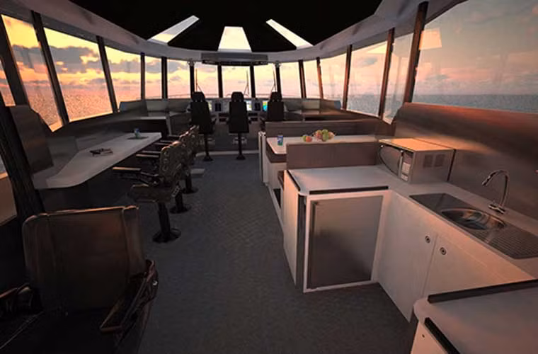 Dù có kích thước nhỏ nhưng bố trí bên trong tàu rất hiện đại, tiện nghi. Có thể thấy rõ điều này trong đồ họa bố trí đài chỉ huy mà công ty Metal Shark giới thiệu.