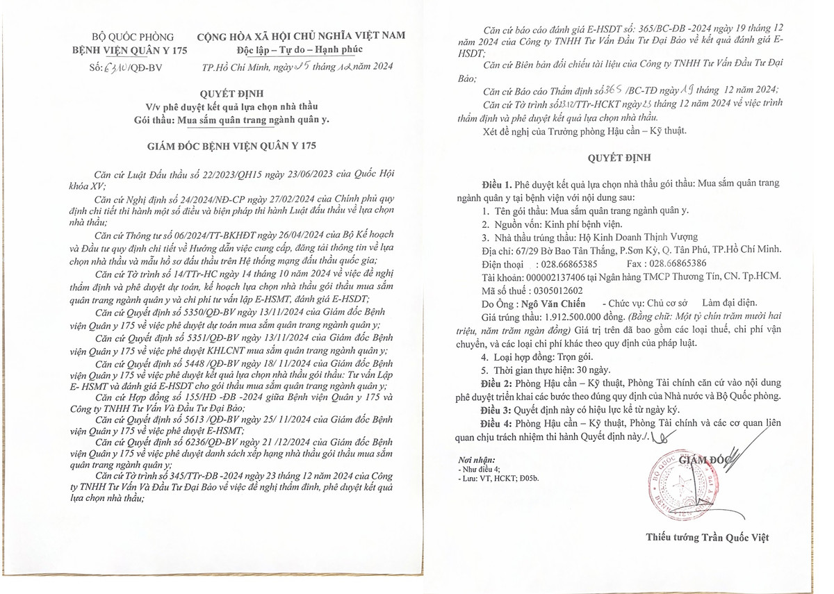Nhà thầu nào vừa trúng gói mua sắm quân trang tại Bệnh viện 175 ? Nha thau nao vua trung goi mua sam quan trang tai Benh vien 175 ?