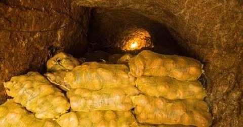 Nhà kho nông trại của ông lão nông dân đầy khoai tây vừa thu hoạch.