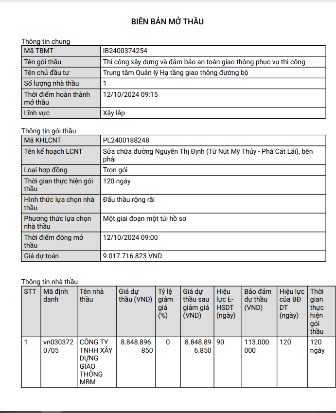 TP HCM: Duy nhat Cty giao thong MBM du goi thau sua duong hon 9 ty