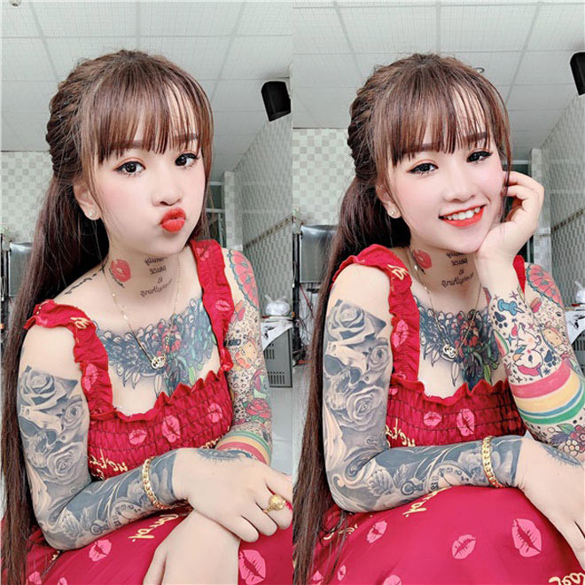 Hot girl An Giang được khen ngợi rất nhiều bởi gương mặt ngây thơ, xinh đẹp, làn da trắng nõn nà… nhưng đối lập với đó lại là những hình xăm hầm hố trên cơ thể.