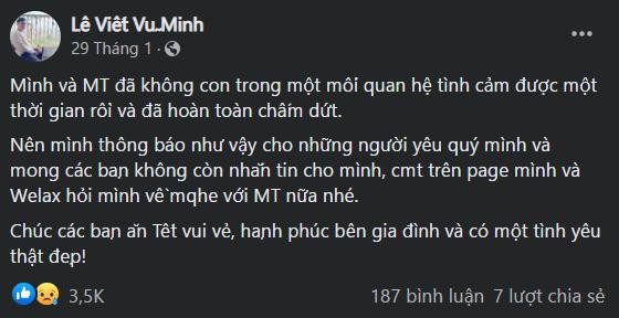 Trước sự tò mò của netizen, Minh Vẹo đã chính thức lên tiếng về việc này. Cụ thể, anh cho biết mình và Minh Thu đã chính thức đường ai nấy đi một thời gian và hy vọng cộng đồng mạng không hỏi về mối quan hệ này nữa.