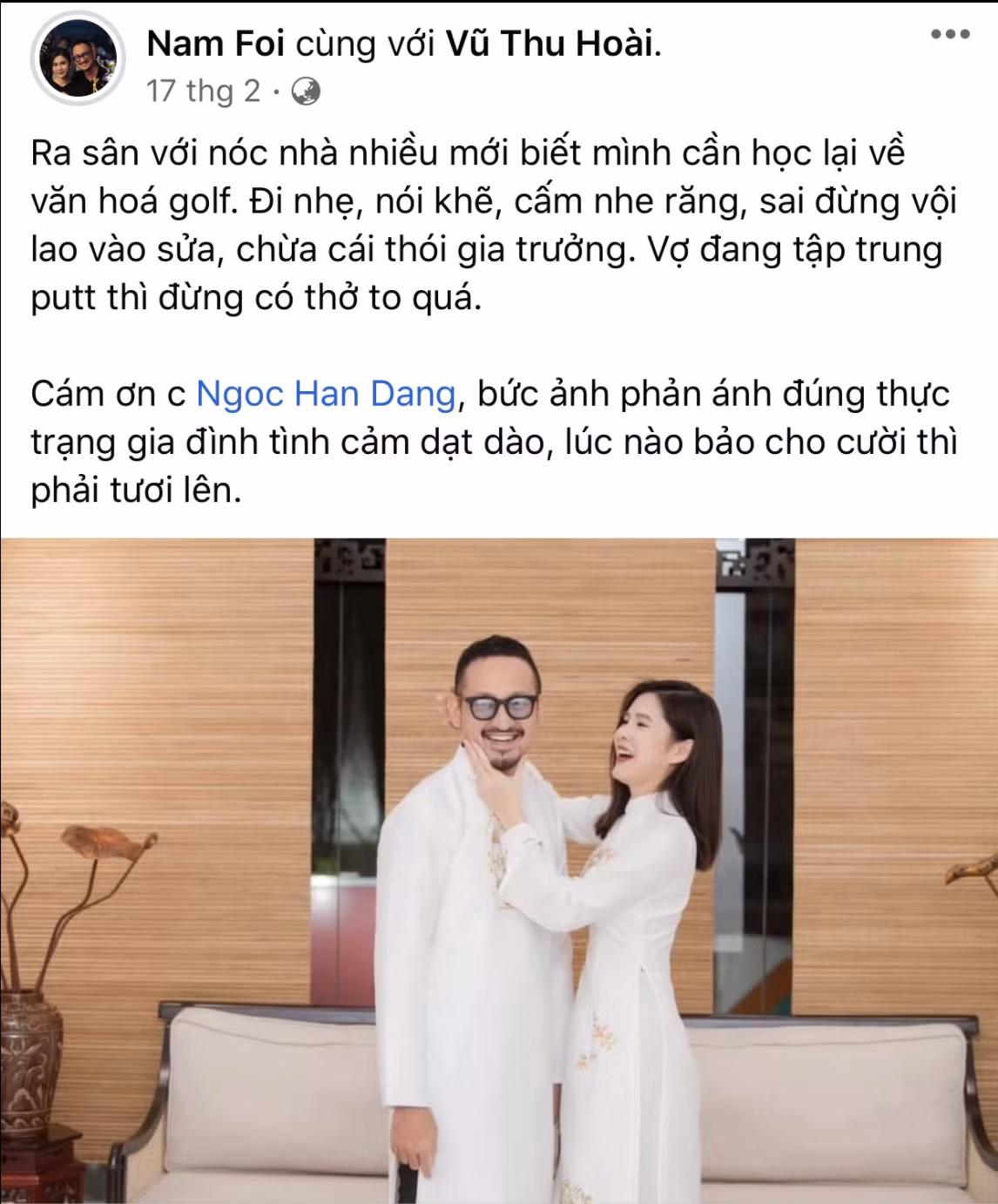 Trên trang cá nhân, Hoàng Nam cũng thường xuyên phát "cẩu lương" nhiệt tình khi thường xuyên vừa khen vừa trêu vợ