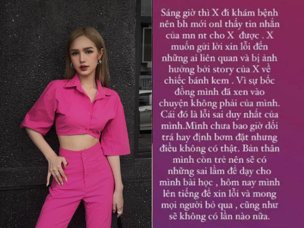 Sau đó, Xoài Non còn đăng tải story nhằm xin lỗi về việc đăng tải "chiếc bánh gato trà xanh". Cô nàng còn khẳng định: "Vì sự bốc đồng mình đã xen vào chuyện không phải của mình. Cái đó là lỗi sai duy nhất của mình" và hứa "sẽ không có lần nào nữa".