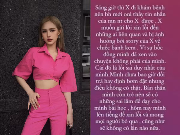 Sau đó, Xoài Non còn đăng tải story nhằm xin lỗi về việc đăng tải "chiếc bánh gato trà xanh". Cô nàng còn khẳng định: "Vì sự bốc đồng mình đã xen vào chuyện không phải của mình. Cái đó là lỗi sai duy nhất của mình" và hứa "sẽ không có lần nào nữa".