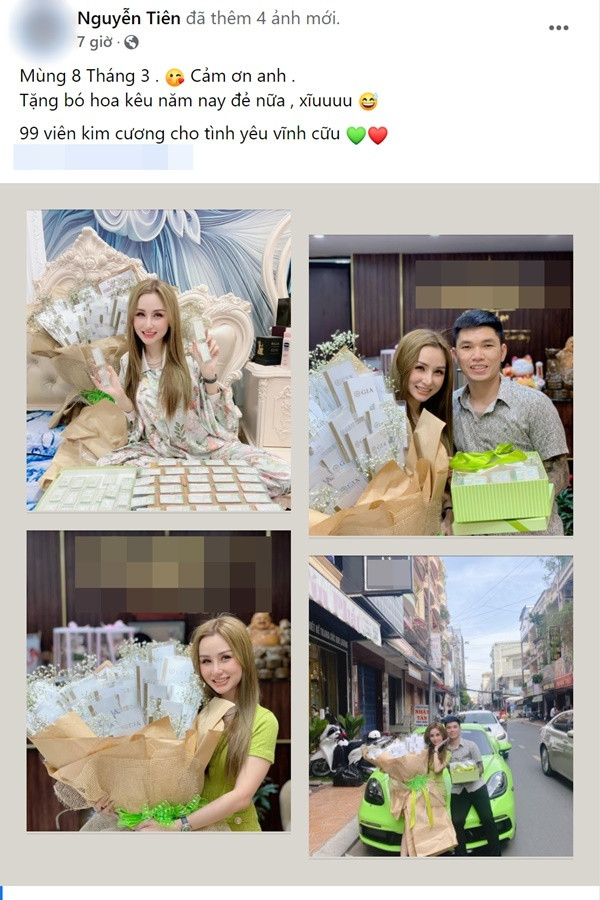 Sau khi hình ảnh về bó hoa kim cương được lan truyền rộng khắp trên MXH, danh tính về cô gái sở hữu nó cũng được tìm ra nhanh chóng. Cô là Nguyễn Tiên, một hot mom khá có tiếng từ trước đó.