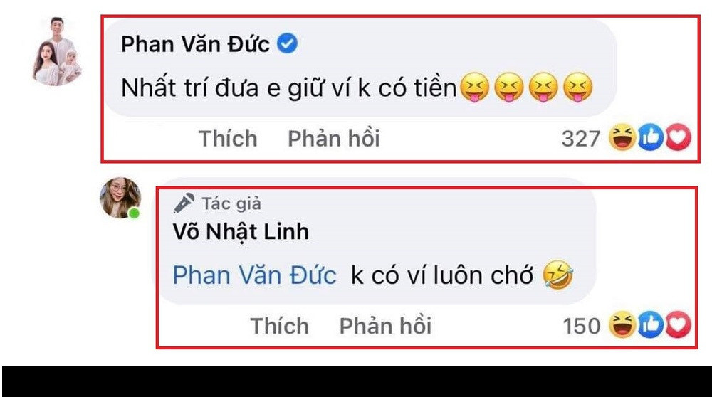 Không chỉ được ngắm nhìn nhan sắc của bà xã Phan Văn Đức, netizen còn tỏ ra thích thú mới màn đối đáp của vợ chồng chàng cầu thủ. Cụ thể, tiền vệ Sông Lam Nghệ An nhanh chóng bình luận đầy “lươn lẹo”: “Nhất trí đưa em giữ ví không có tiền” dưới bài đăng của vợ.