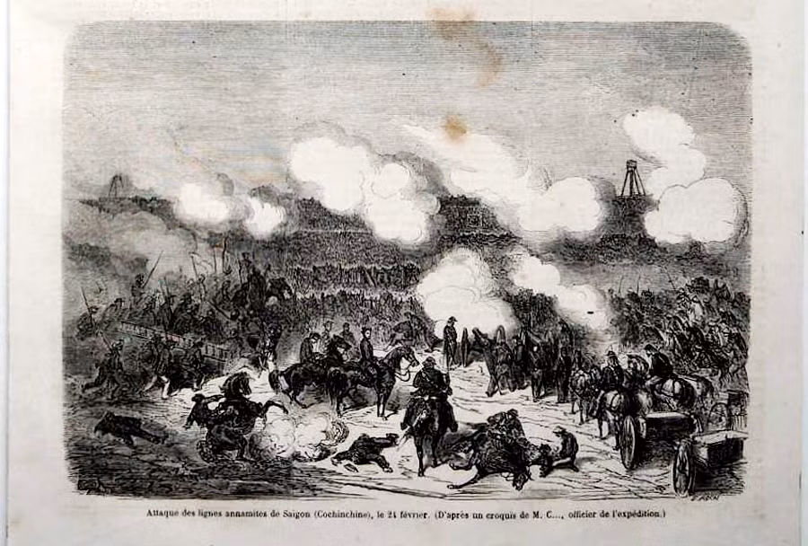 Tranh khắc trận tấn công đồn Kỳ Hòa ngày 24/2/1861 đăng trên báo Le Monde Illustré của Pháp ngày 20/4/1861.