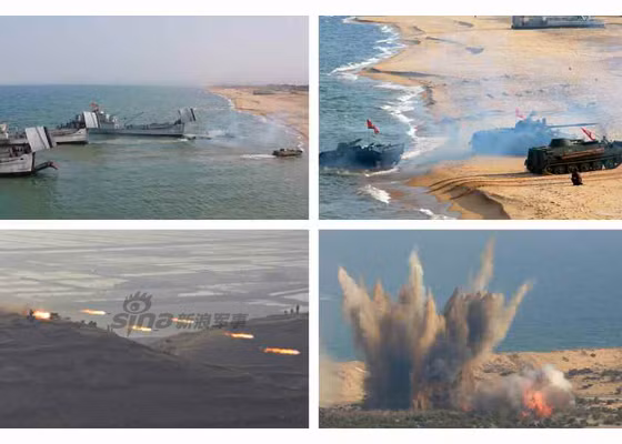 Bức tranh toàn cảnh cuộc tập trận đổ bộ và chống đổ bộ đường biển của Triều Tiên.